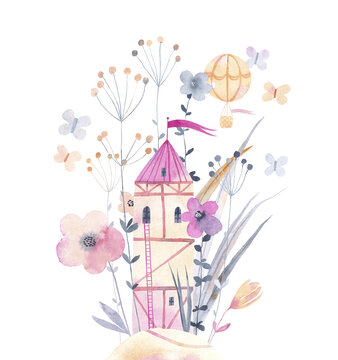 Watercolor little castle on the hill and cute flowers on white background. Summer meadow. Illustration for card, border, banner or your other design. Cute little city. Summer adventure.
