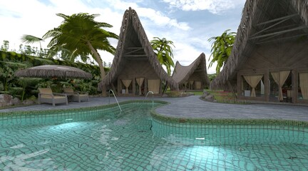 Tropical bungalow with pool in the yard 3d illustration