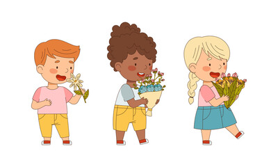 Cute kids holding bouquet of spring flowers set cartoon vector illustration