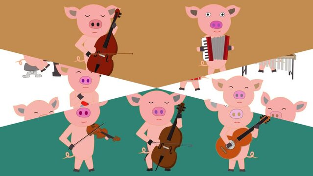 子豚が歌を歌ったり楽器を演奏したりしている。