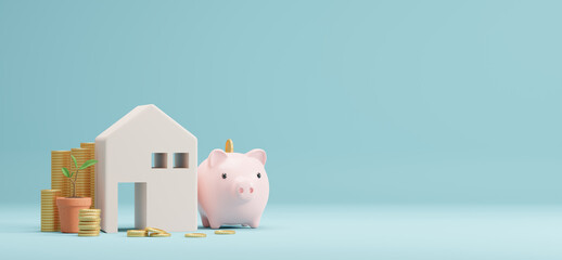 Home and piggy bank gold coins with copy space 3D render