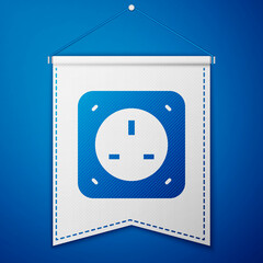 Blue Electrical outlet icon isolated on blue background. Power socket. Rosette symbol. White pennant template. Vector