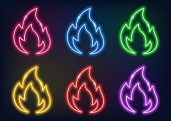 Neon flame in different colors. Fire in neon style. Neon sign. Glowing lines on a dark background.