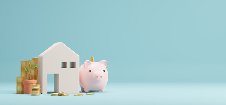 Home and piggy bank gold coins with copy space 3D render
