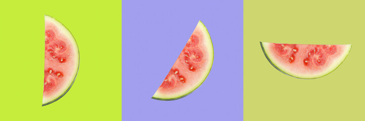 Fresh watermelon slices on three tone background