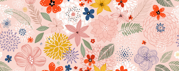 Horizontal floral seamless pattern with many decorative flowers, leaves and twigs. For fashion fabrics, children’s clothing, T-shirts, postcards, templates and scrapbooking. Vector illustration.