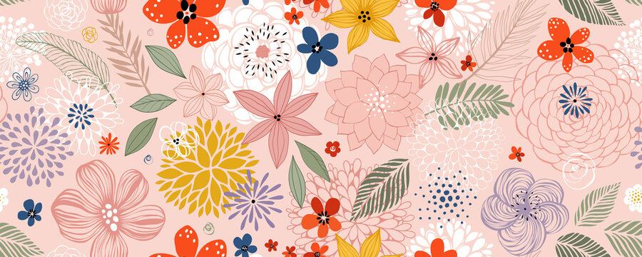 Horizontal floral seamless pattern with many decorative flowers, leaves and twigs. For fashion fabrics, children’s clothing, T-shirts, postcards, templates and scrapbooking. Vector illustration.