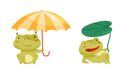 Green funny frog characters set. Cute toad amphibian animals with umbrellas cartoon vector illustration