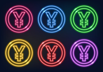 Set of neon yuan signs in different colors. Neon sign. Glowing lines on a dark background.