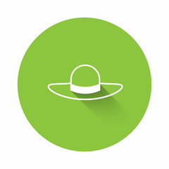 White Elegant women hat icon isolated with long shadow background. Green circle button. Vector