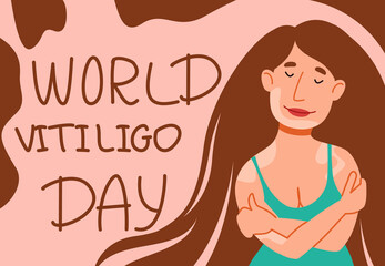 Beautiful girl with long hair in a swimsuit and with vitiligo. Postcard for World Vitiligo Day. The woman has a skin disease.