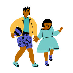 Brother and sister walk together holding hands. Black-skinned boy and girl on white background. African american kids. Simple vector flat illustration 