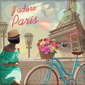 Paris vintage poster roses,girl and bicycle.