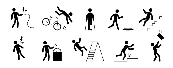 Accident pictogram man icon. Ladder falling, injury leg, bike accident pictogram sign set. Warning, electric shock, danger icon stick man vector illustration. - obrazy, fototapety, plakaty