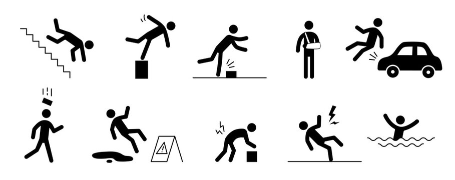 Accident pictogram man icon. Car accident, injury arm, stumble pictogram sign set. Warning, danger icon stick man vector illustration.