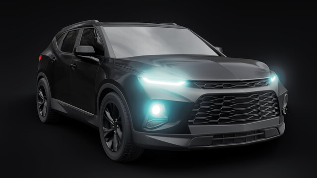 Dallas. USA. July 21, 2021. Chevrolet Blazer 2021. Black ultra-modern SUV with a catchy expressive design for young people and families. Black background. Bright glowing headlights. 3d illustration.