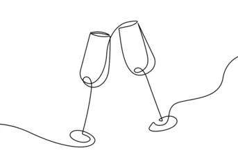Papier Peint photo Une ligne Continuous Line Drawing of Champagne Glasses Black Sketch on White Background. Two Glasses Simple One Line Drawing. Minimal Hand Draw Illustration for Cafe, Party, Holiday, Invitation. Vector EPS 10