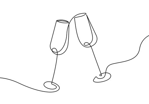 Continuous Line Drawing of Champagne Glasses Black Sketch on White Background. Two Glasses Simple One Line Drawing. Minimal Hand Draw Illustration for Cafe, Party, Holiday, Invitation. Vector EPS 10