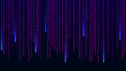 Purple matrix on the dark background with different numbers and light. Big data visualization. Digital texture backdrop. Vector illustration.