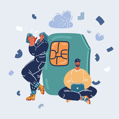 Cartoon illustration of people with big SIM-cards for mobile devices with chip. Using phone and laptop