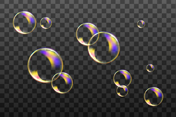 Set of transparent soap bubbles on checkered background.Reaistic colored balls.Vector texture.