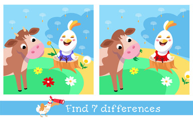 Find 7 differences. Game for children. Activity, vector illustration. Cute calf and chicken in summer meadow.