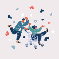 Cartoon illustration of Positive man and woman having fun and riding shopping cart