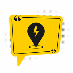 Black Lightning bolt icon isolated on white background. Flash sign. Charge flash icon. Thunder bolt. Lighting strike. Yellow speech bubble symbol. Vector