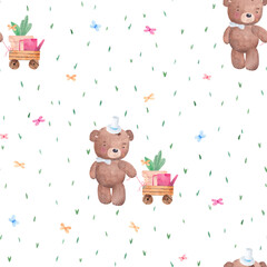 Fototapety  Watercolor seamless pattern. Cute teddy bear with toy cart, flower and watering can. Watercolor background for fabric, textile, nursery wallpaper.