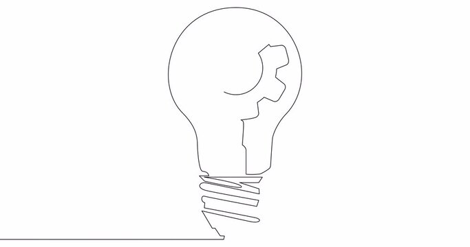 Self drawing line animation Light lamp bulb with cogwheel gear Idea continuous line drawn concept video