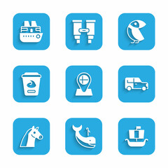 Set Location flag Iceland, Whale, Viking ship Drakkar, Car, Horse, Yogurt container, Albatross and Cruise icon. Vector