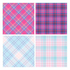 Set of seamless patterns in light and bright pink and blue colors for plaid, fabric, textile, clothes, tablecloth and other things. Vector image.