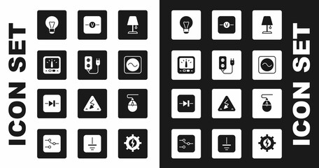 Set Table lamp, Electric extension, Ampere meter, multimeter, Creative light idea, AC voltage source, Voltmeter, Computer mouse and Diode in electronic circuit icon. Vector