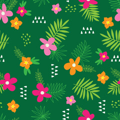 Seamless hand drawn tropical vector pattern with bright hibiscus flowers and exotic palm leaves on dark green background. Vector illustration for fabric, wrapping.