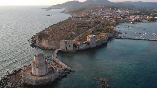 Aerial view over Methoni Castle and the fortified city. Its one of the most important and the biggest in castle in Mediterranean sea, a must-visit place in Greece located in Methoni, Messenia, Greece