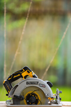 Ufa, Russia - June: DeWalt power tools in Ufa on June 17, 2022. DeWalt is an American worldwide brand of power tools and hand tools for the construction industry. cordless saw