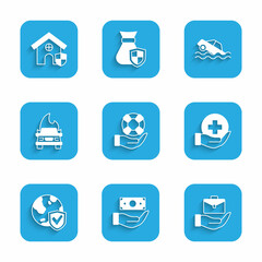Set Lifebuoy in hand, Money with shield, Hand holding briefcase, insurance, Shield world globe, Burning car, Flood and House icon. Vector