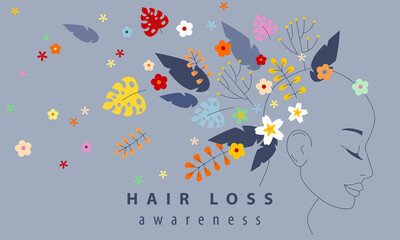 National Hair Loss Awareness Month. Male-pattern baldness, alopecia, thinning hair, alarming levels of hair fall. Concept with flowers