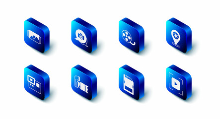 Set Photo camera, Film reel, Camera shutter, focus frame line, SD card, Action extreme and icon. Vector