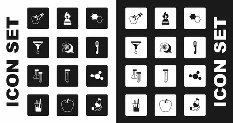 Set Chemical formula, Atom, Funnel filter, Genetically modified apple, Test tube, Alcohol spirit burner, Molecule and icon. Vector