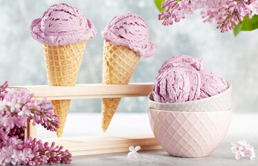 Berry ice cream in waffle cones
