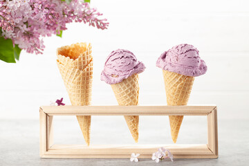 Berry ice cream in waffle cones