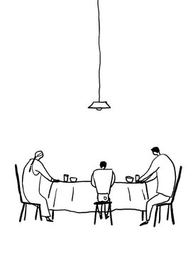 食卓に座る家族B、縦、線画（電気あり）