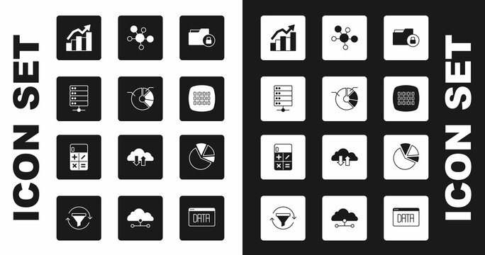 Set Folder and lock, Pie chart infographic, Server, Financial growth, Binary code, Mind map, and Calculator icon. Vector