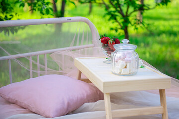 strawberries in a glass on a picnic. High quality photo