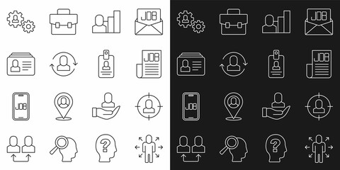 Set line Multitasking manager working, Head hunting, Search job, Productive human, Exchange, Resume, Human with gear and Identification badge icon. Vector