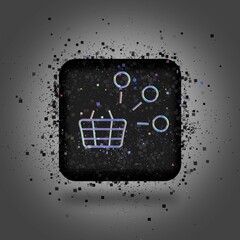 A holographic icon on a black cube made of a vortex of particles. The shopping cart icon with a list of products.