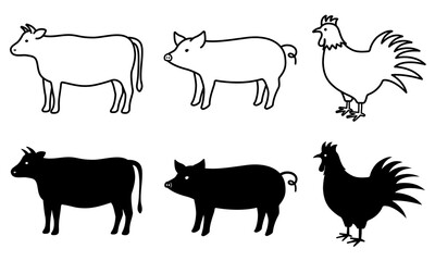 豚,牛,鶏のシルエットと線画　meat illustration