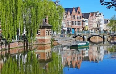 Fototapete Lier, Belgium - Romantic picturesque village water moat, ancient arch stone bridge, green weeping willow tree, fishing boat, medieval houses, castle tower, reflections in water, blue summer sky © Ralf