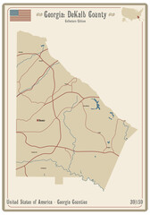 Map on an old playing card of DeKalb county in Georgia, USA.